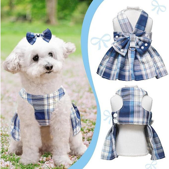 pet products Dog Dress Bowknot Harness Leash Set for Small Dogs Girl Cute Plaid Dog Dress Pearls Bow Tie Spring Summer Princess Clothes Birthday Holiday Doggie Outfits for Puppy Cats Girl Apparel
