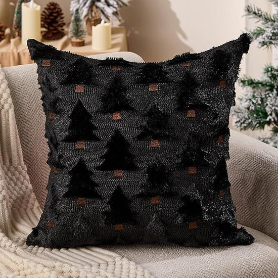 Christmas Pillow Covers 18x18 inch Set of 2 Black Christmas Decorations Soft Plush Faux Fur Wool Xmas Tree Throw Pillow Cases Winter Holiday Decor for Sofa Living Room