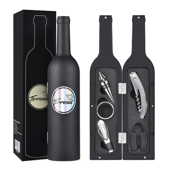 Wine Accessories Gift Set (Black), 5-Piece Bottle Corkscrew Opener Kit with Novelty Bottle-Shaped Case, Valentine&