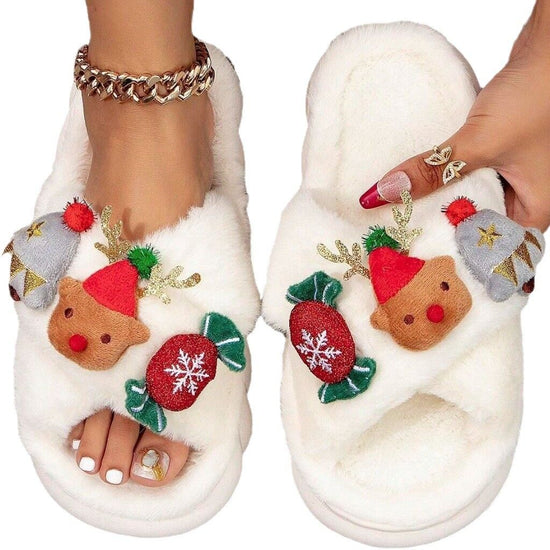 Christmas Cartoon Plush Slippers, Unisex Lightweight Thick-Soled Anti-Slip Fuzzy Slippers for Couples & Family(white)