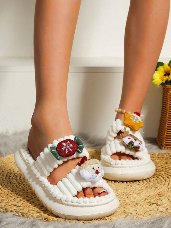Christmas Cartoon Plush Slippers, Unisex Lightweight Thick-Soled Anti-Slip Fuzzy Slippers for Couples & Family(white)