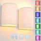 Battery Operated Wall Lights, 2 Pack Boho Decor with Remote Control, RGB Color Rustic Wall Sconces, Fabric Linen Shade Lighting
