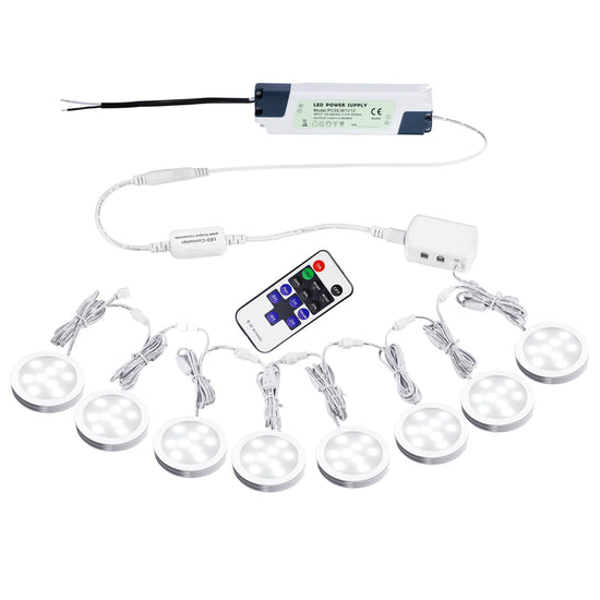 Linkable Under Cabinet LED Lighting 12V Slim Aluminum Dimmable Puck Lights Direct Wired with RF Remote Control for Kitchen Lighting(8pack Daylight White)