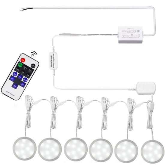 Linkable Under Cabinet LED Lighting 12V Slim Aluminum Dimmable Puck Lights Direct Wired with RF Remote Control for Kitchen Lighting(6pack,Daylight White)