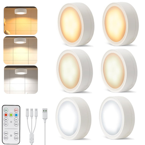 Pack of 6 Under-Unit Lights Kitchen LED Cabinet Lighting Wireless with Remote Control Cabinet Lighting Rechargeable Battery Dimmable Under Cabinet Light for Showcases, Wine Cabinet