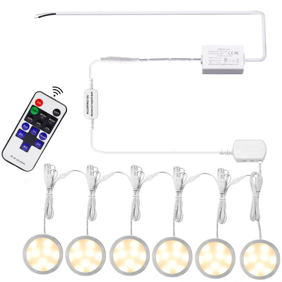 Linkable Under Cabinet LED Lighting 12V Dimmable Puck Lights Hardwired with Wireless RF Remote Control for Kitchen Mood Lighting(6 Lights, Warm White)