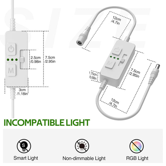 Single Color Slider Dimmer with Timer - PWM 1pc DC 5V/12V/24V LED Controller, 36W Max, Slide Brightness Control & Auto-Off for LED Strip Lights, Closet, Counter, Aquarium Lighting (White)