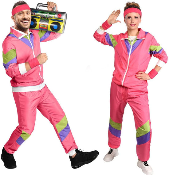 80s Fashion Height Shell Jacket Costume, 80s Fancy Dress Men Women with Headband Bracelet, 1980s Disco Fancy Dress red-XL