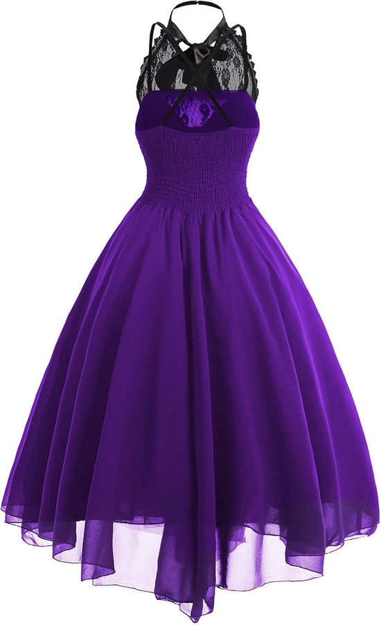 Sleeveless Gothic Lace Dress for Women 80s Party Dress Corset Halter Lace Swing Cocktail Purple XXL