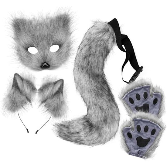 Grey Fox Tail Cat Ears Gloves Halloween Cosplay Costume Set