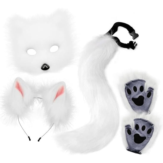 Fox Tail & Ears Set, Cat Costume with Gloves, White Halloween Cosplay Accessories white