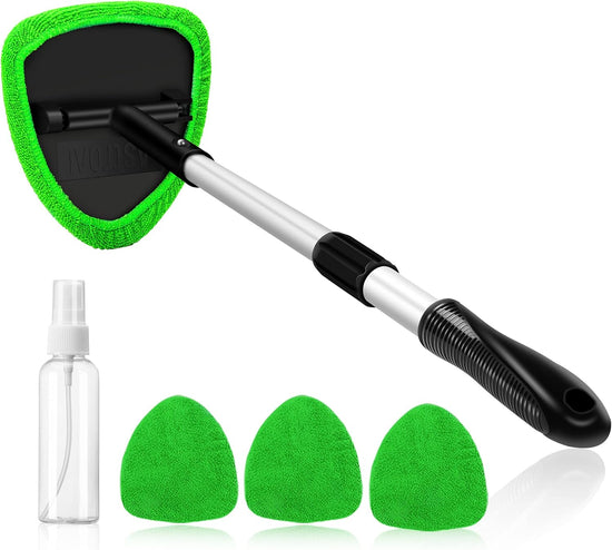 Windshield Washer Tool for Inside with 4 Reusable Washable Green Microfiber Pads