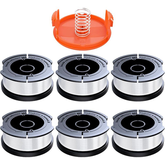 Black & Decker Trimmer Replacement Spools - 6 Pieces of 1.65mm Line, 10m Each, Includes Extra Spring & Cap