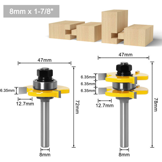 8mm Shank T-Slot Milling Cutter Set, 2Pcs 3-Flute Woodworking Tools