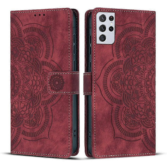 Compatible with Samsung Galaxy S21 Ultra 5G Case Red Mandala Embossed Retro Frosted Leather Phone Cover