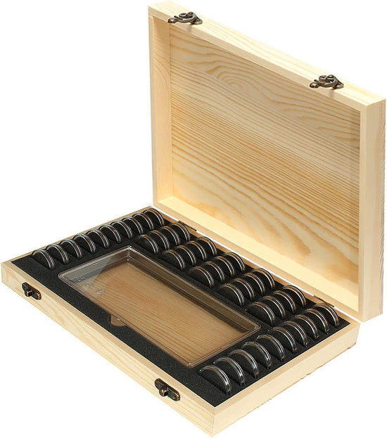 Wooden Coin Capsules Holder Case, Coin Storage Box Banknotes Collection Holder with Lock, Coin Collector Organizer Coin Display Commemorative Case for 40 Coins and 100 Banknotes