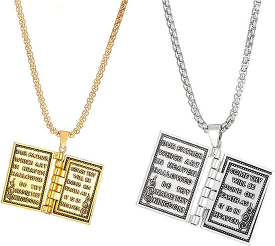 2PCS Holy Bible Book Pendant Necklace for Women Men Fashion Retro Scripture Miniature Readable Bible Openable Prayer Verse Adjustable Chain Necklace Christmas Charm Jewelry