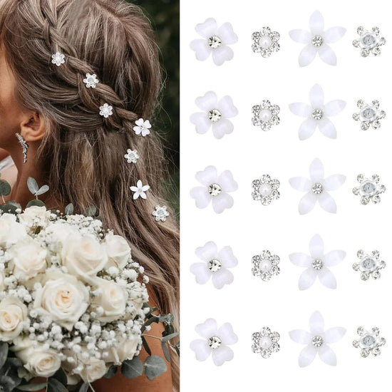 Mini Rhinestone Hair Pins - 20Pcs Cute Small Decorative Wedding & Bridal Barrettes With Flowers for Girls & Women (4 Flower Patterns)