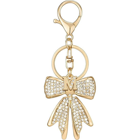 Sparkly Cute Initial Letter Rhinestone Bow Keychain for Women Gold Tone Bag Charms Coquette Aesthetic Purse Charms