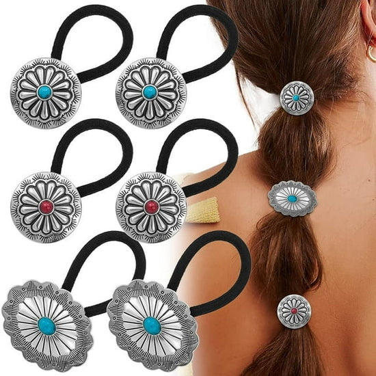 6 Pcs Western Ponytail Holders Metal Boho Hair Ties Flower Circular Hair Ropes Vintage Turquoise Concho Squash Blossom Hair Bands Decoration Accessories for Women Girls