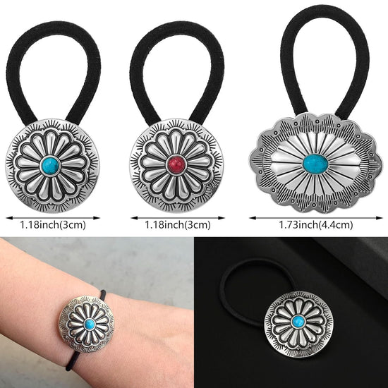 6 Pcs Western Ponytail Holders Metal Boho Hair Ties Flower Circular Hair Ropes Vintage Turquoise Concho Squash Blossom Hair Bands Decoration Accessories for Women Girls