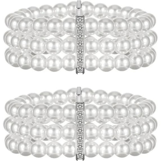 Pearl Cuff Bracelet 2pcs 1920s Imitation Pearl Bracelet Multi-Layered Elastic Bangle 3 Rows Faux Pearls Accent Off White Stretch Wrist Bracelet Vintage Pearl Bracelets For Women Bridal Wedding Jewelry
