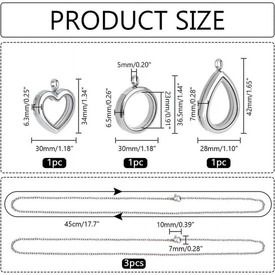 3 Styles Locket Pendant Necklace 304 Stainless Steel Memory Floating Charms Round Memory Necklace Teardrop Heart Pendant Buckle Closure for Women Friendship Necklace Memory Nostalgic