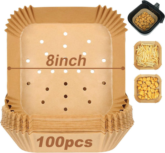 Square Air Fryer Liners for 2 to 5 Qt, Set of 100, 8 Inch Perforated Square Air Fryer Parchment Paper, Air Fryer Filters for Basket, Compatible with Corsori, Instant Vortex, Dash and More