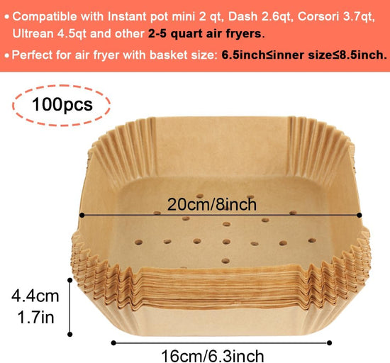 Square Air Fryer Liners for 2 to 5 Qt, Set of 100, 8 Inch Perforated Square Air Fryer Parchment Paper, Air Fryer Filters for Basket, Compatible with Corsori, Instant Vortex, Dash and More