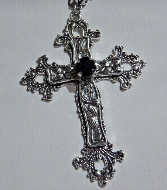 Large Gothic Cross Necklace silver-tone pendant with glass stone, on 24" steel chain…