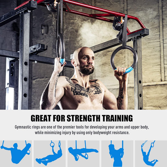 Gymnastic Rings, Exercise Olympic Rings with Adjustable Straps, Steel Buckles, Perfect for Workout, Strength Training, Pull-Ups and Dips (Black)