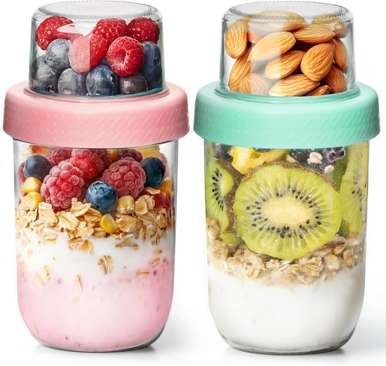 2-Pack 16 oz Overnight Oats Containers with Lids, Dual-Laryer Chia Pudding Jars with Dry and Wet Separation, Yogurt Parfait Cups for Oatmeal Cereal Nut Fruit, Meal Prep Glass Jars for Salad  Green