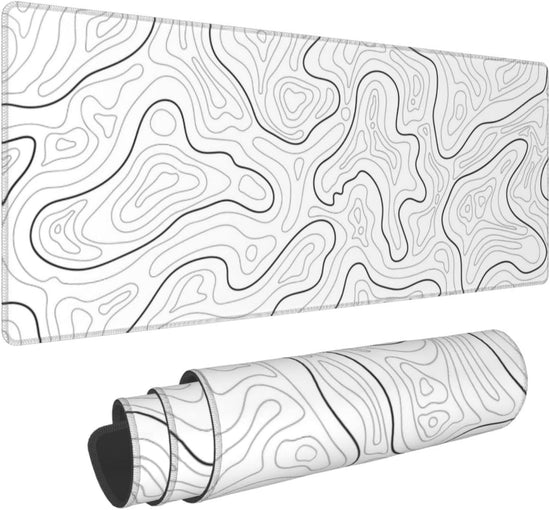 Abstract Topographic Map White Grey Black Gaming Mouse Pad Long Mouse Pad Large Desk Mat 31.5 X 11.8 Inch Mousepad with Non-Slip Base Stitched Edge Keyboard Mat for Gaming Office  Light Grey White