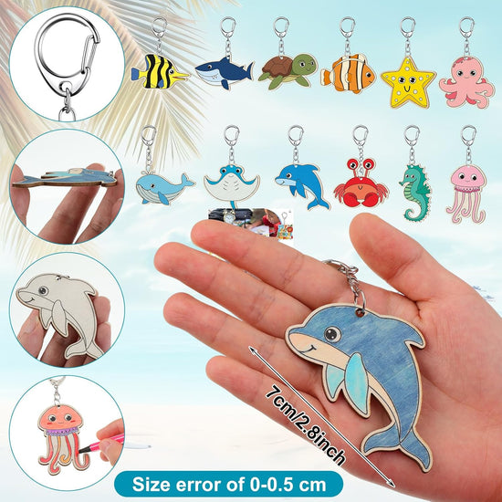 36 Pcs Sea Life Unfinished Wooden Keychains Color Your Own Unfinished Wooden Crafts Blank Wood Painting DIY Crafts for Home Activities Arts Project Decoration Sea Life