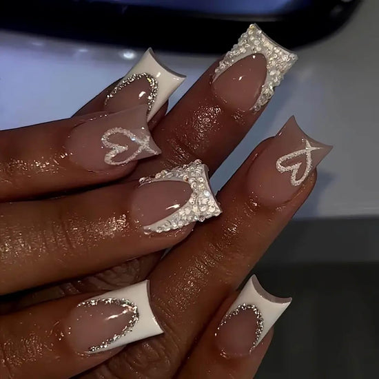 Nude Square Press on Nails Short Length,White French Tips Fake Nails with Rhinestones Design for Birthday/Bride/Holiday/Christmas/Valentine&
