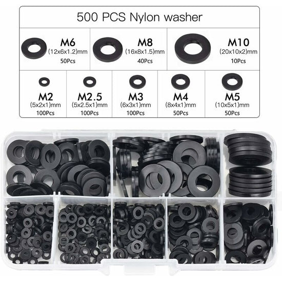 500 pcs Black Plastic Washers Lock Washers Fasteners, Self-Locking Washer Assortment Mechanical Washer M2.5 M3 M4 M5 M6