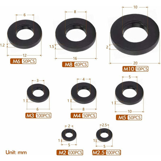 500 pcs Black Plastic Washers Lock Washers Fasteners, Self-Locking Washer Assortment Mechanical Washer M2.5 M3 M4 M5 M6