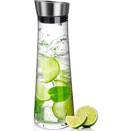 Glass Carafe, 1 Liter Leak Proof Glass Carafe With Stainless Steel Flip Lid For Water, Milk, Juice And Lemonade