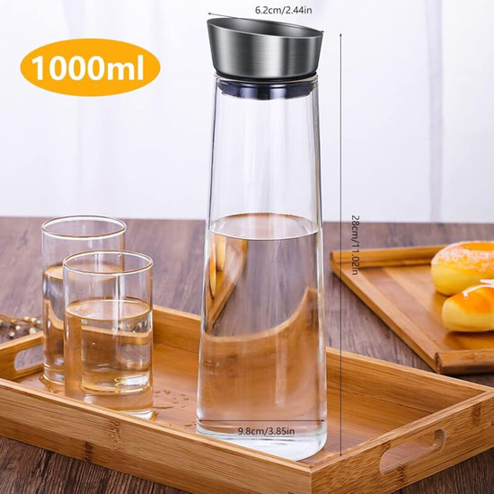 Glass Carafe, 1 Liter Leak Proof Glass Carafe With Stainless Steel Flip Lid For Water, Milk, Juice And Lemonade