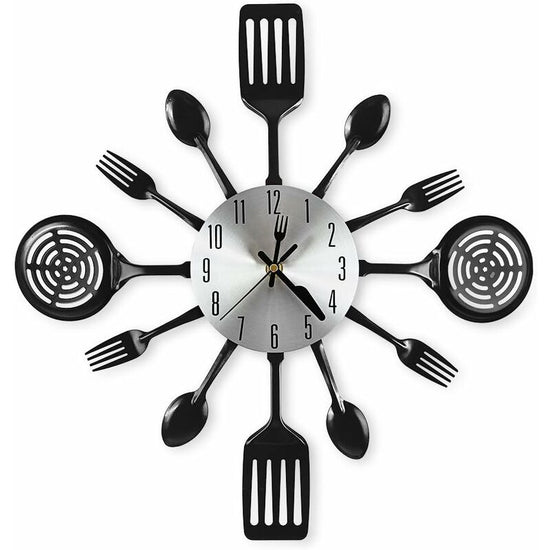 16" Large Kitchen Wall Clocks With Spoons And Forks, Great Home Decor And Nice Gifts, Black
