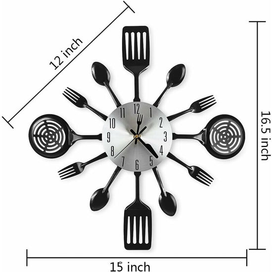 16" Large Kitchen Wall Clocks With Spoons And Forks, Great Home Decor And Nice Gifts, Black
