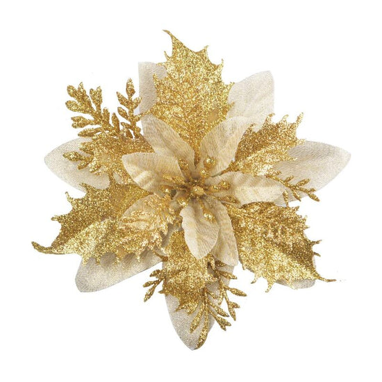12 pcs Glitter Christmas Flowers (15Cm) With 12 pcs Artificial Poinsettia For Christmas Tree（Gold）