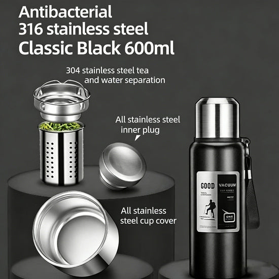Antibacterial 316 Stainless Steel Vacuum Flask 600ml | Tea Infuser & Insulated Bottle for Hot/Cold Drinks (Black)