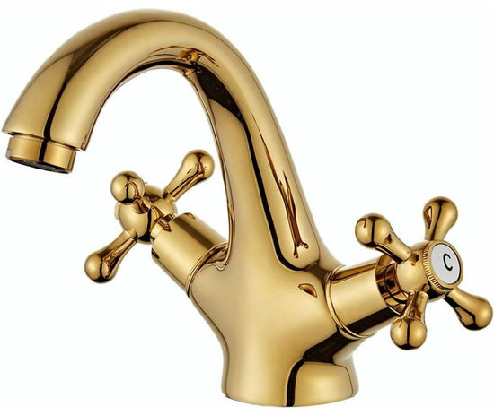 retro two-handle basin taps, in vintage antique brass, with cross handle, elegant design and simple holes, gold plated
