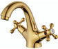 retro two-handle basin taps, in vintage antique brass, with cross handle, elegant design and simple holes, gold plated