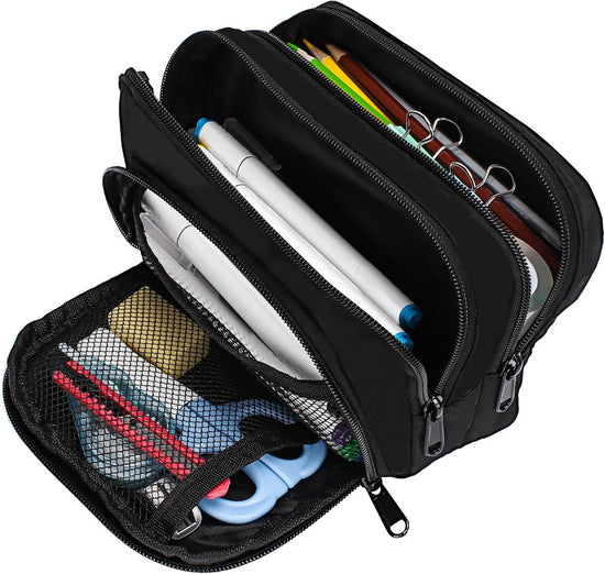Large black pencil case with 3 compartments for school and office