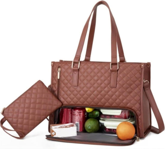 15.6 Inch 2-in-1 Insulated Leak-Proof Handbag and Lunch Bag Cooler Laptop Bag for Work, Brown