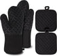 Heat-Resistant Oven Mitts and Grill Gloves 1 Pair, Anti-Slip for Kitchen Cooking Baking, Black