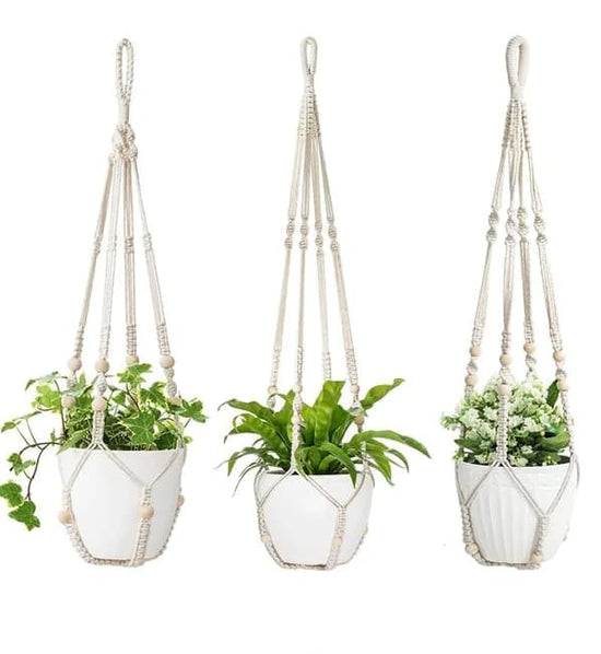 3 pcs Bohemian Plant Hanger for Indoor Plants with Braided Rope Beads and Lace Decoration, 35 Inch, White