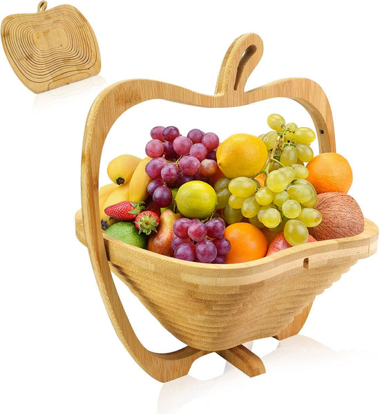 Apple Shaped Collapsible Bamboo Fruit Basket, Foldable Fruit Bowl Holder & Snack Dry Fruit Storage Basket, Decorative Serving Tray for Kitchen, Holiday Party, Christmas & Halloween Home Decor